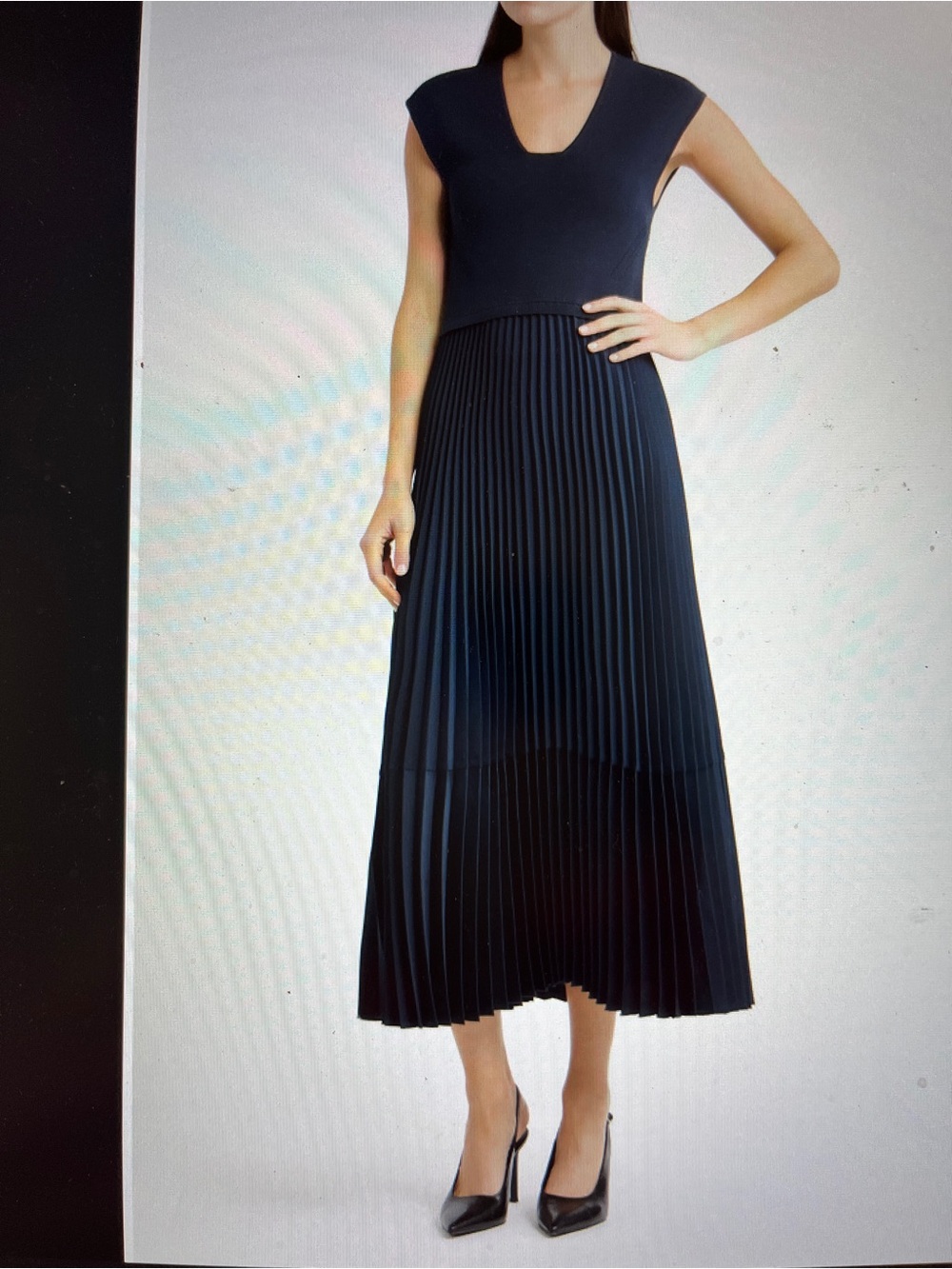 Hugo Boss Navy Knit Cap-Sleeve Pleated Midi Dress